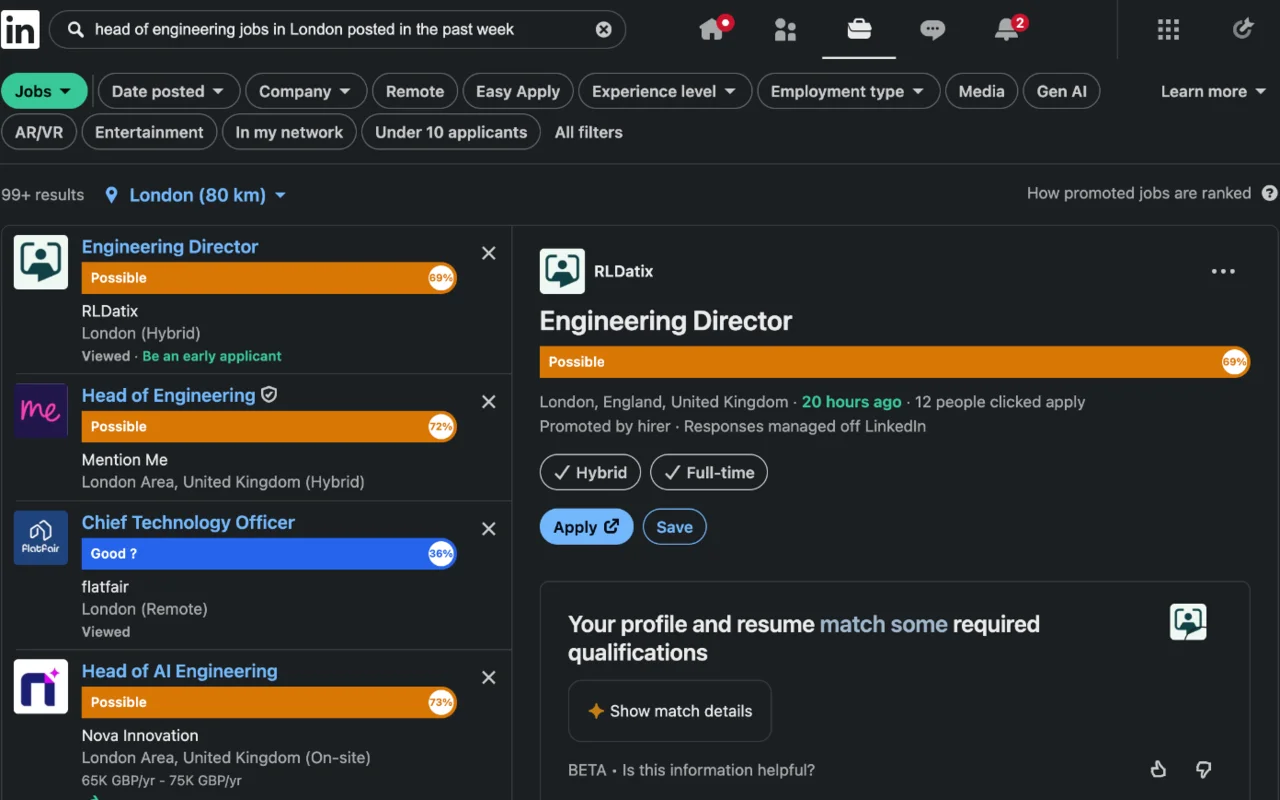 JobTier on LinkedIn's AI job search, with a tier and confidence score on every job card and on the open job